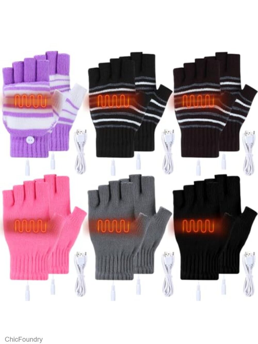 6 Pairs USB Heated Fingerless Half Gloves Touch Screen Winter Hand Warmers